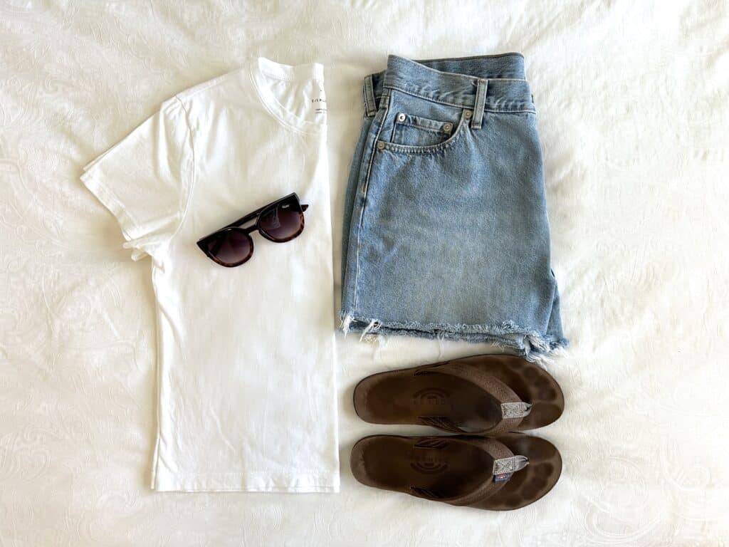 Casual summer outfit, white tshirt and denim shorts