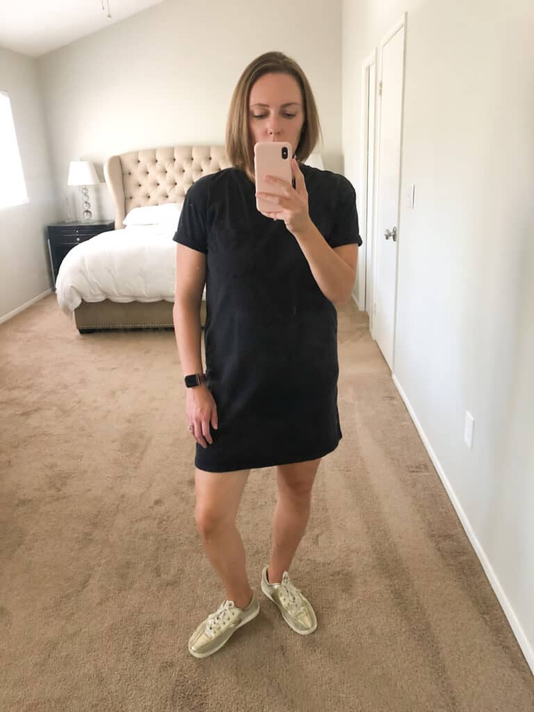 T-shirt dress with gold sneakers