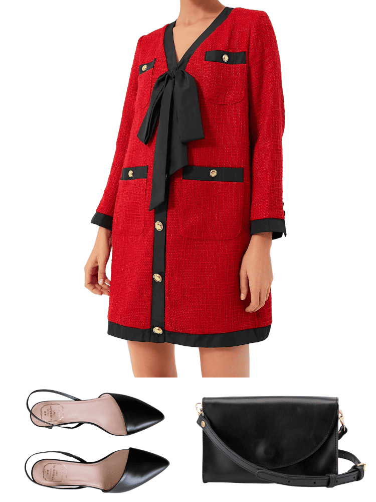 Red dress with heels and clutch sling bag